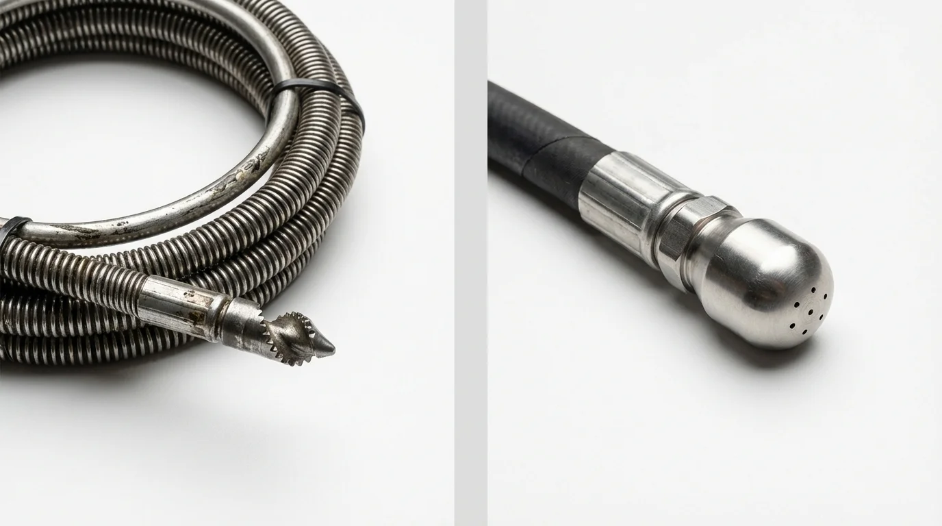 Drain snake cable and hydro jetting nozzle used for drain cleaning in Woodbridge, NJ