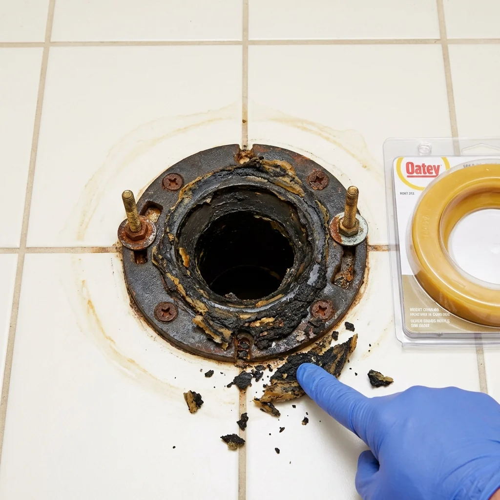 Failed wax ring showing water seepage at the base of a toilet in a Woodbridge, NJ home