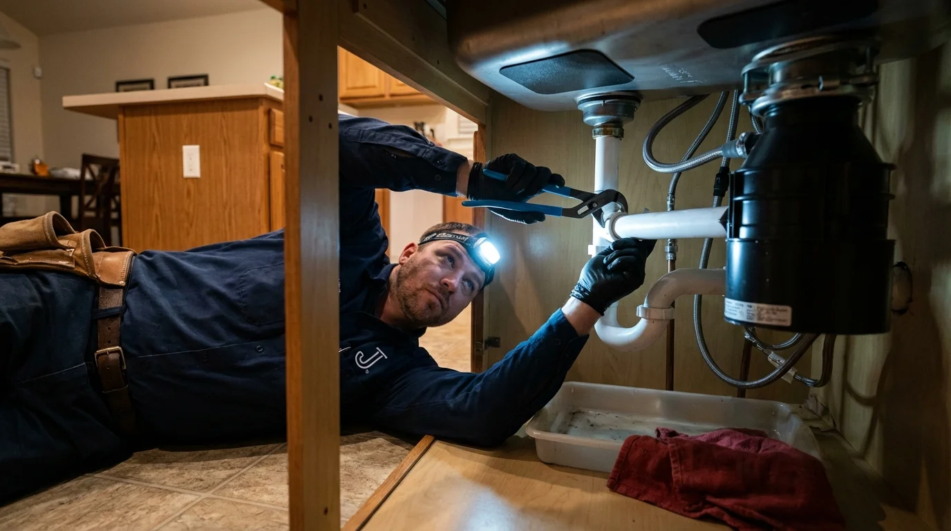 P-trap and supply line connections under a kitchen sink showing a common leak point in Woodbridge, NJ
